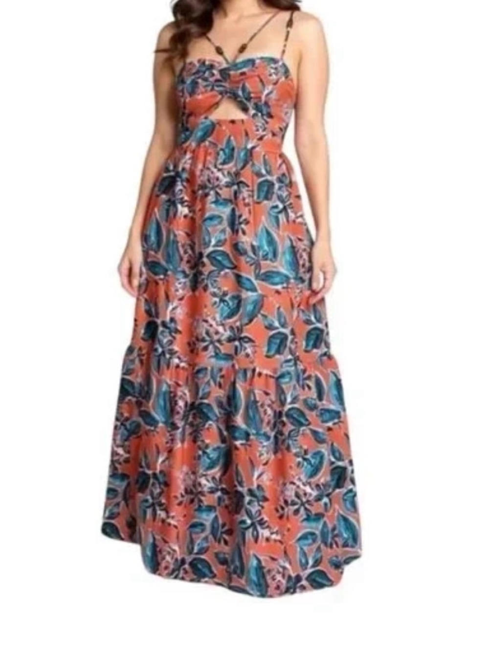 Jason Wu Coral Maxi Dress with Teal Leaf Print